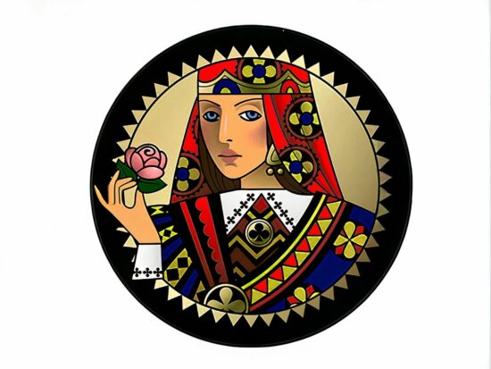 Tapis rond multicolore illustré de la reine de trèfle