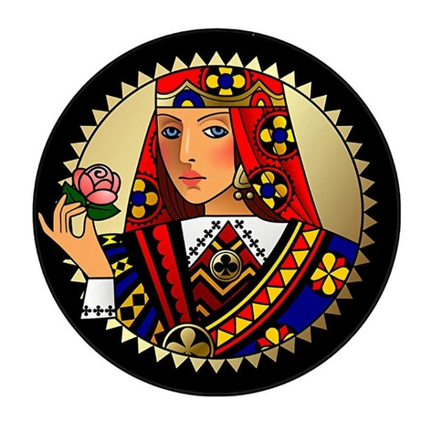 Tapis rond multicolore illustré de la reine de trèfle
