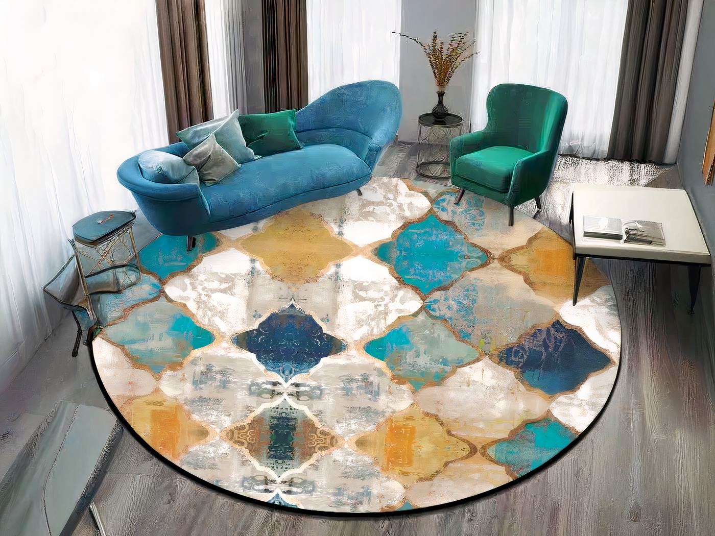 Tapis vintage rond coloré avec canapé bleu et motifs géométriques