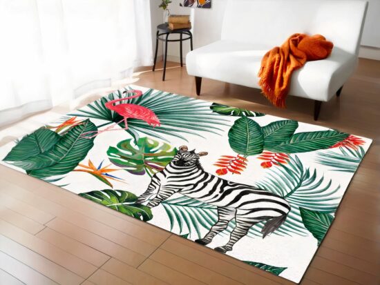 Tapis zèbre avec flamant dans un sallon devant un canapé blancrose