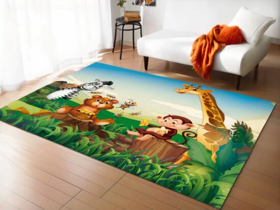 Tapis zèbre dans la jungle dans un sallon devant un canapé blanc