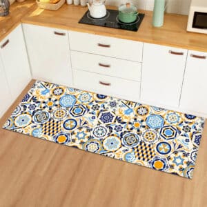 Accueil tapis flexible et doux en vinyle blanc et bleu pour cuisine