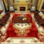 Tapis oriental vintage rouge et or installé dans un salon devant une cheminée