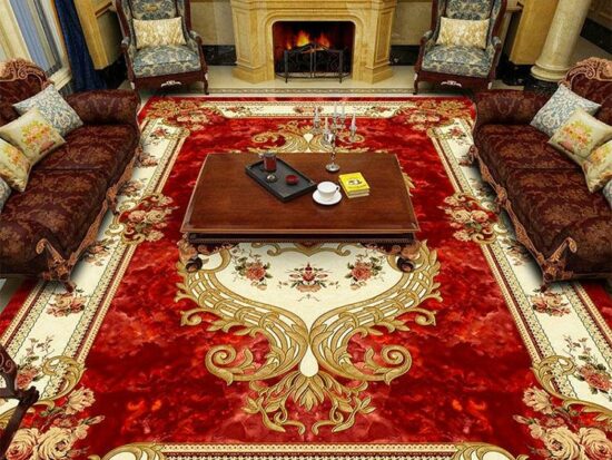 Tapis oriental vintage rouge et or installé dans un salon devant une cheminée