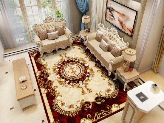 Tapis oriental vintage rouge profond et or installé dans un salon