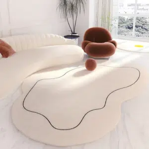 Tapis doux beige forme abstraite installé dans un salon aux pieds d'un canapé