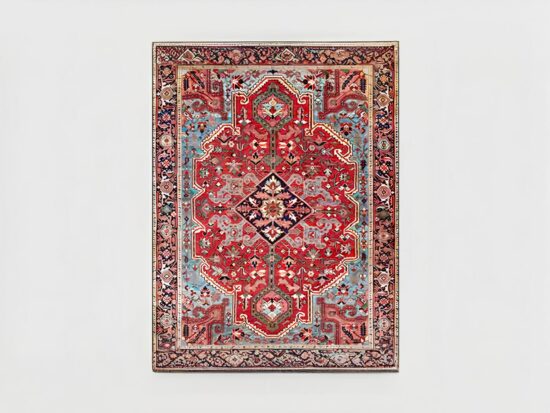 Tapis oriental vintage rectangulaire nuances rouges présenté sur fond blanc