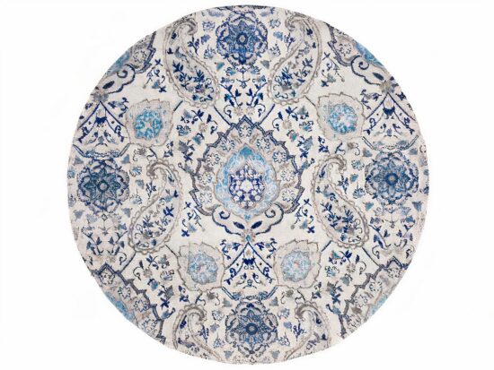 Tapis oriental rond vintage bleu et gris présenté sur fond blanc