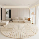 Tapis japandi design relief couleur uni beige de forme circulaire