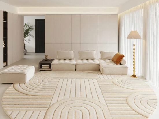 Tapis japandi design relief couleur uni beige de forme circulaire