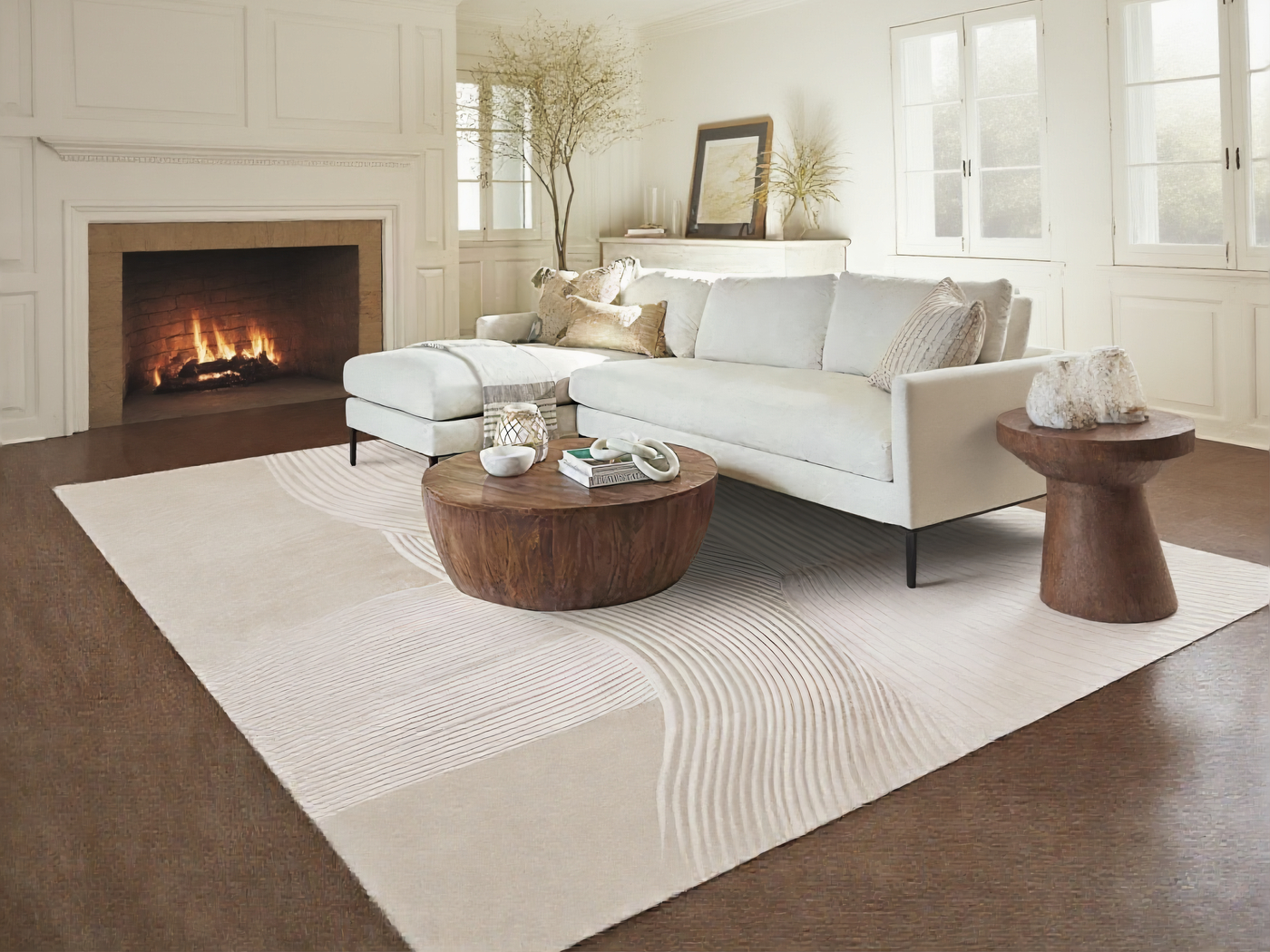 Tapis japonais minimaliste style Japandi rectangulaire dans un salon