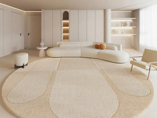 Tapis japonais rond élégance Japandi beige et crème dans un salon