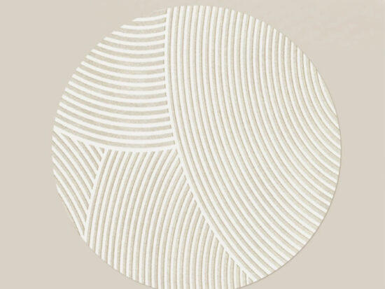 Tapis Japandi forme géométrique texturée beige de forme ronde circulaire sur fond uni