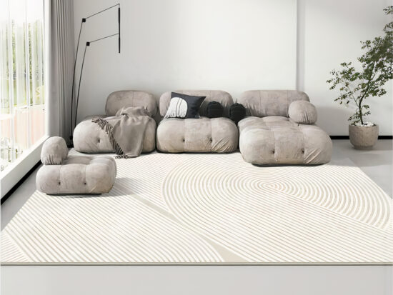 Tapis japonais uni sérénité japandi rectangulaire beige dans un salon minimaliste